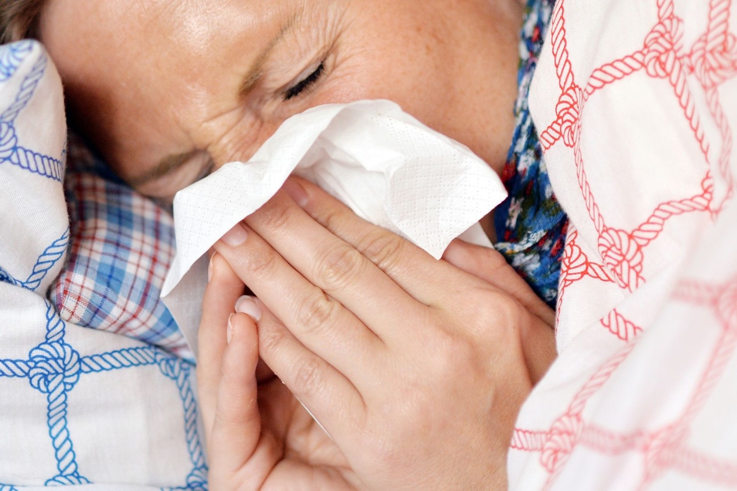 Eine Frau liegt im Bett und putzt sich die Nase. Akute Atemwegserkrankungen kursieren zur Zeit.