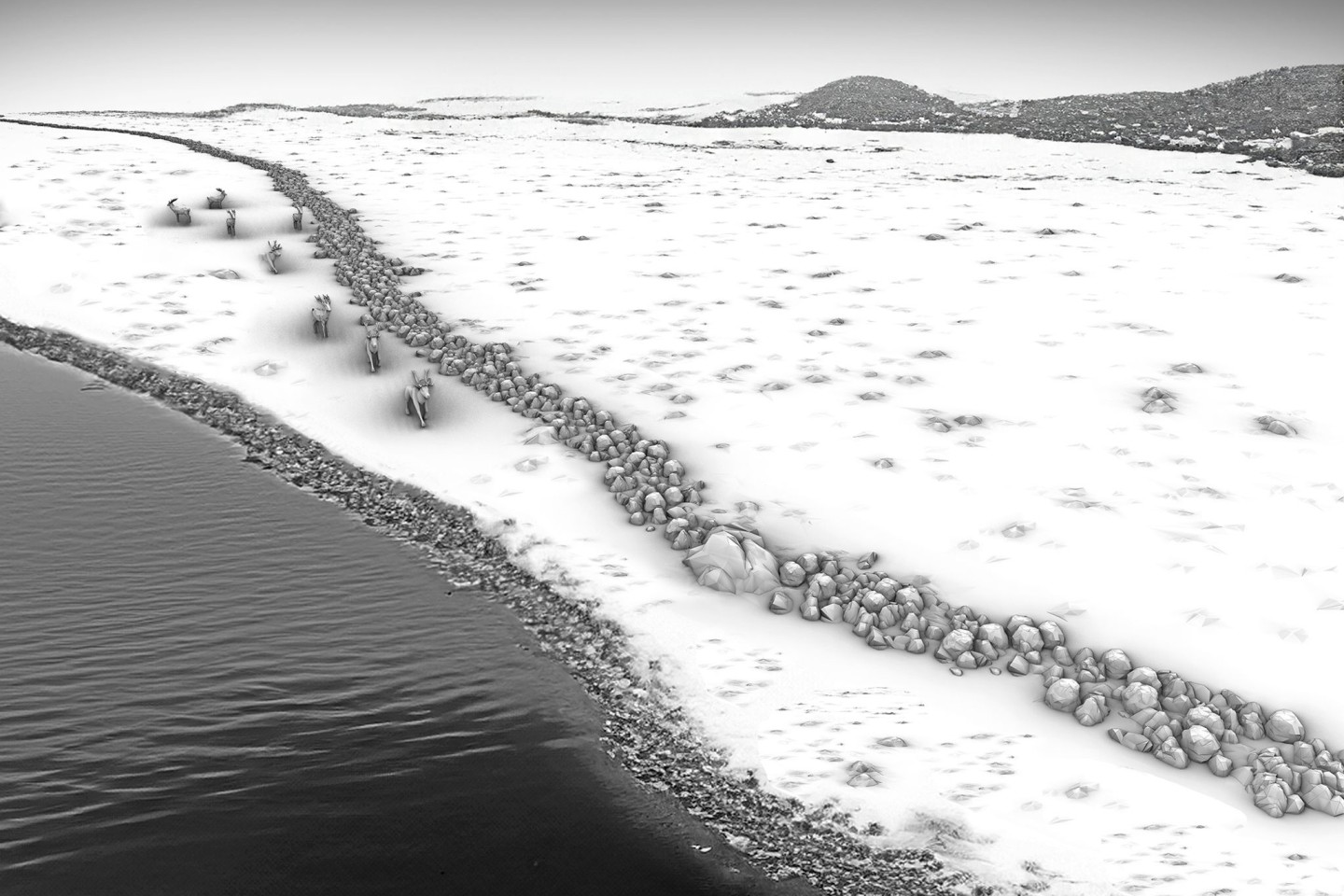 Dieses vom Leibniz-Institut für Ostseeforschung Warnemünde (IOW) zur Verfügung gestellte Foto zeigt eine grafische Rekonstruktion des Steinwalls als Treibjagdstruktur in einer spätglazia...