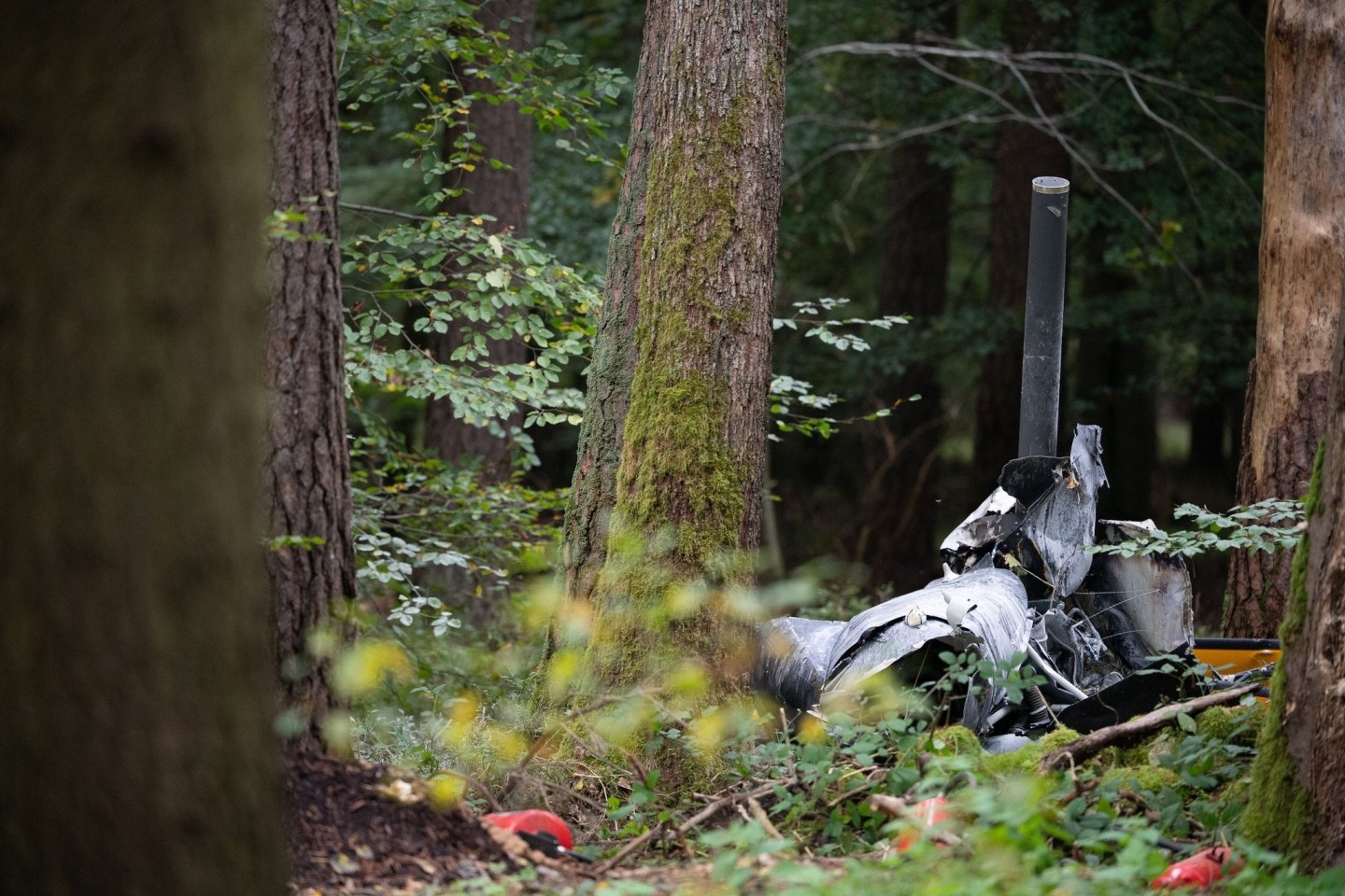 Trümmerteile eines Hubschraubers vom Typ Robinson R44 in einem Wald in Buchen.