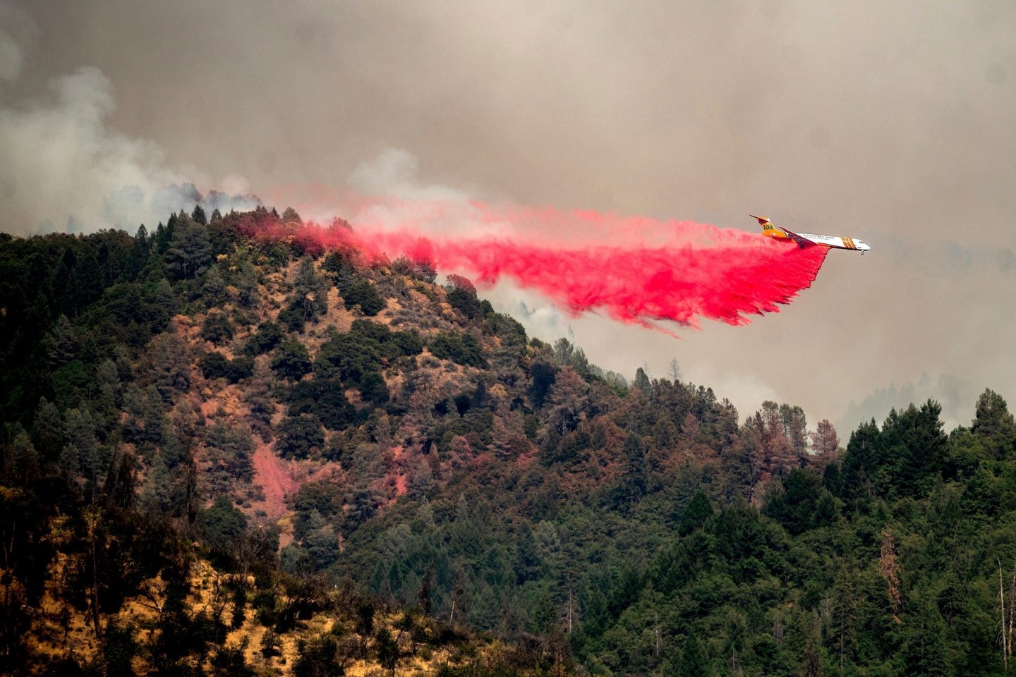 Ein Flugzeug wirft Löschmittel ab, während es versucht, die Ausbreitung des Salt Fire in der Nähe von Lakehead in Kalifornien zu stoppen.