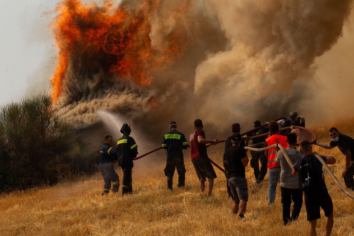 Feuerwehrleute und Freiwillige versuchen ein Feuer in Afidnes, etwa 30 Kilometer von der griechischen Hauptstadt Athen entfernt, zu löschen.