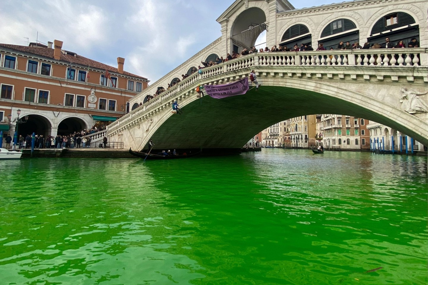 Das Wasser des Canal Grande unter der Rialto-Brücke in Venedig ist leuchtend grün gefärbt.