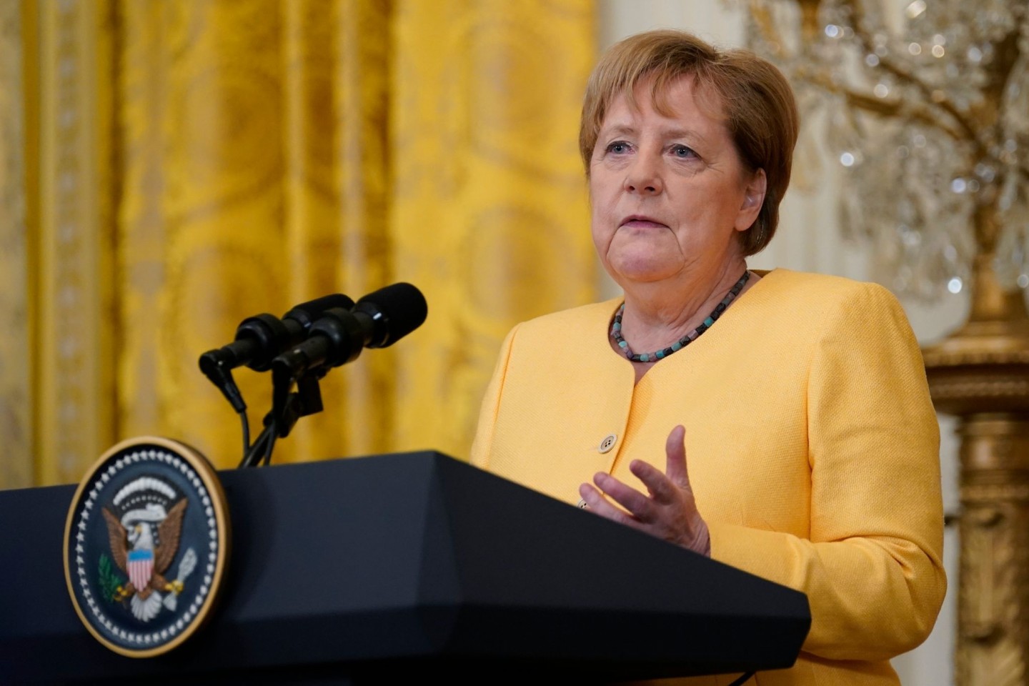 Bundeskanzlerin Angela Merkel spricht während einer Pressekonferenz im Weißen Haus.
