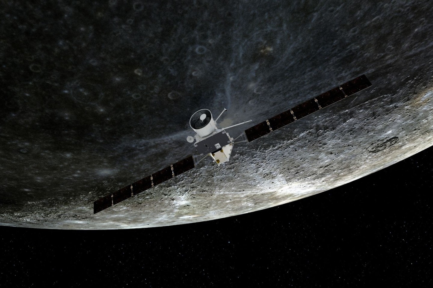 Künstlerische Darstellung des Vorbeiflugs von «BepiColombo» am Merkur.