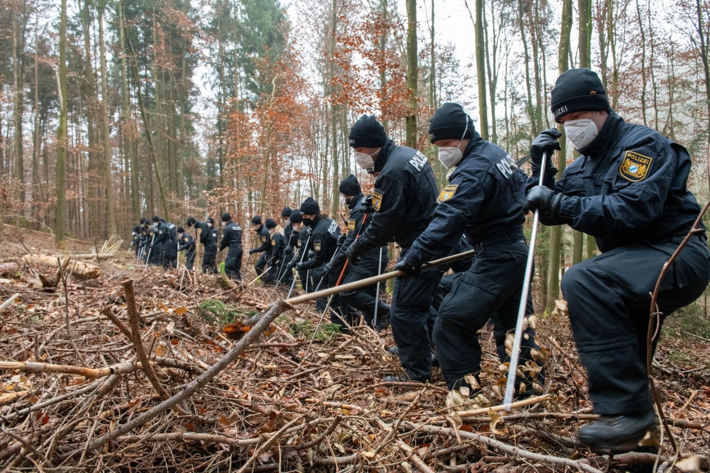 Polizisten durchsuchen ein Waldstück bei Kipfenberg.