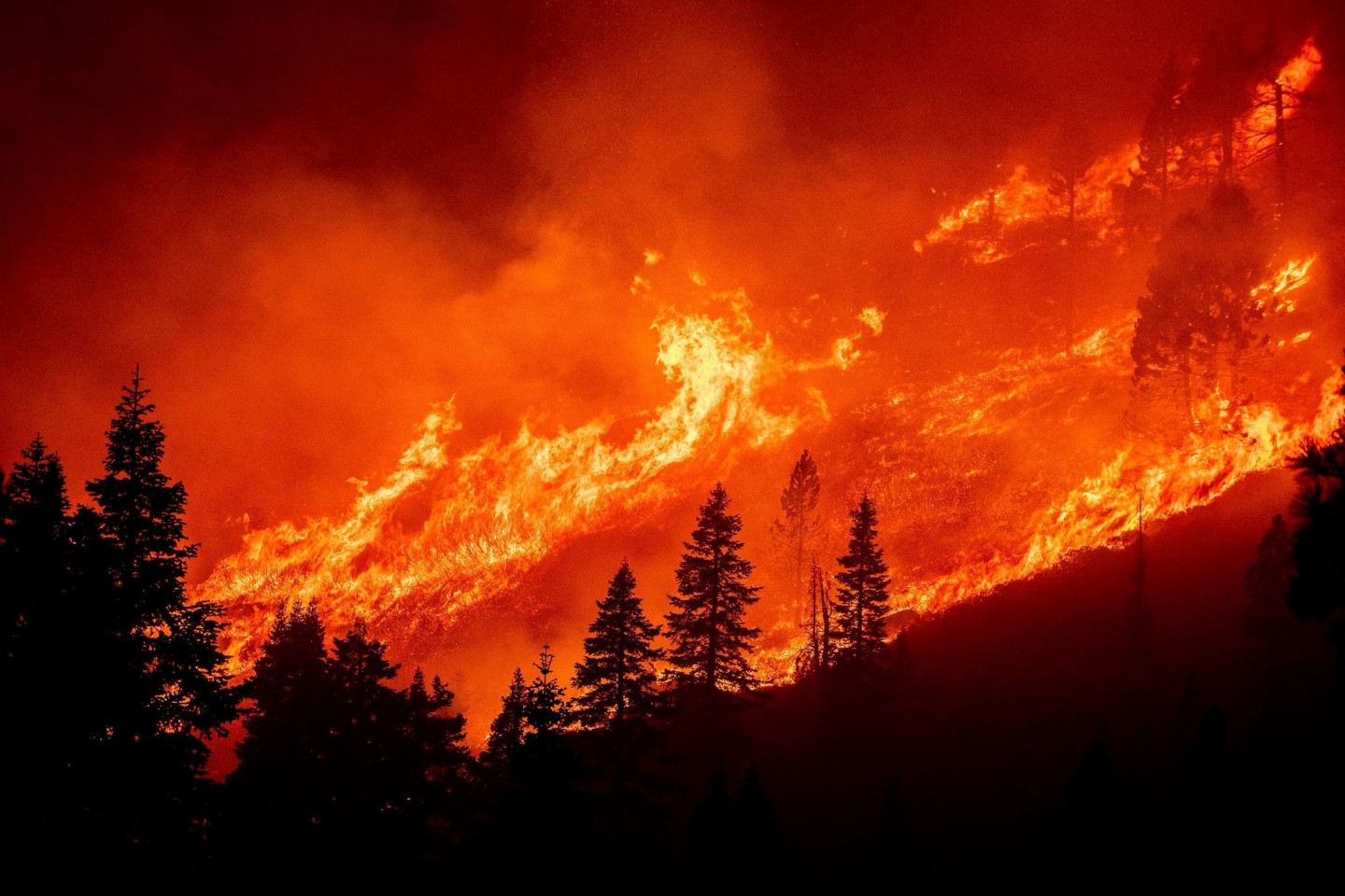 Die Flammen des Caldor-Feuers wüten an einem Hang über dem Christmas Valley.