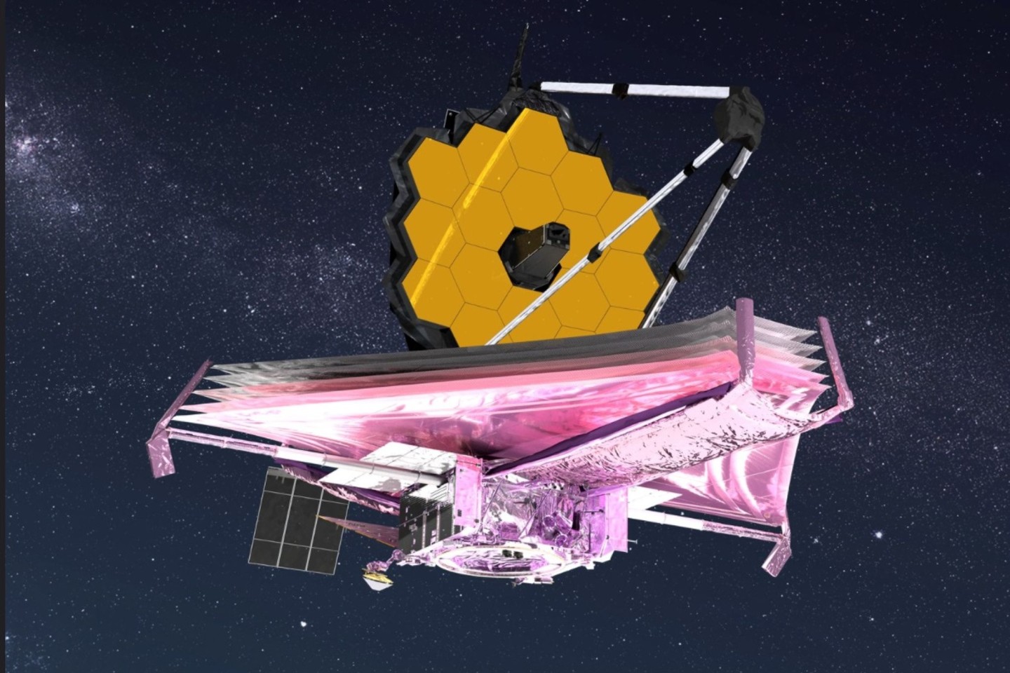 Diese künstlerische Darstellung des James Webb Weltraumteleskops im All zeigt alle Hauptelemente vollständig entfaltet.