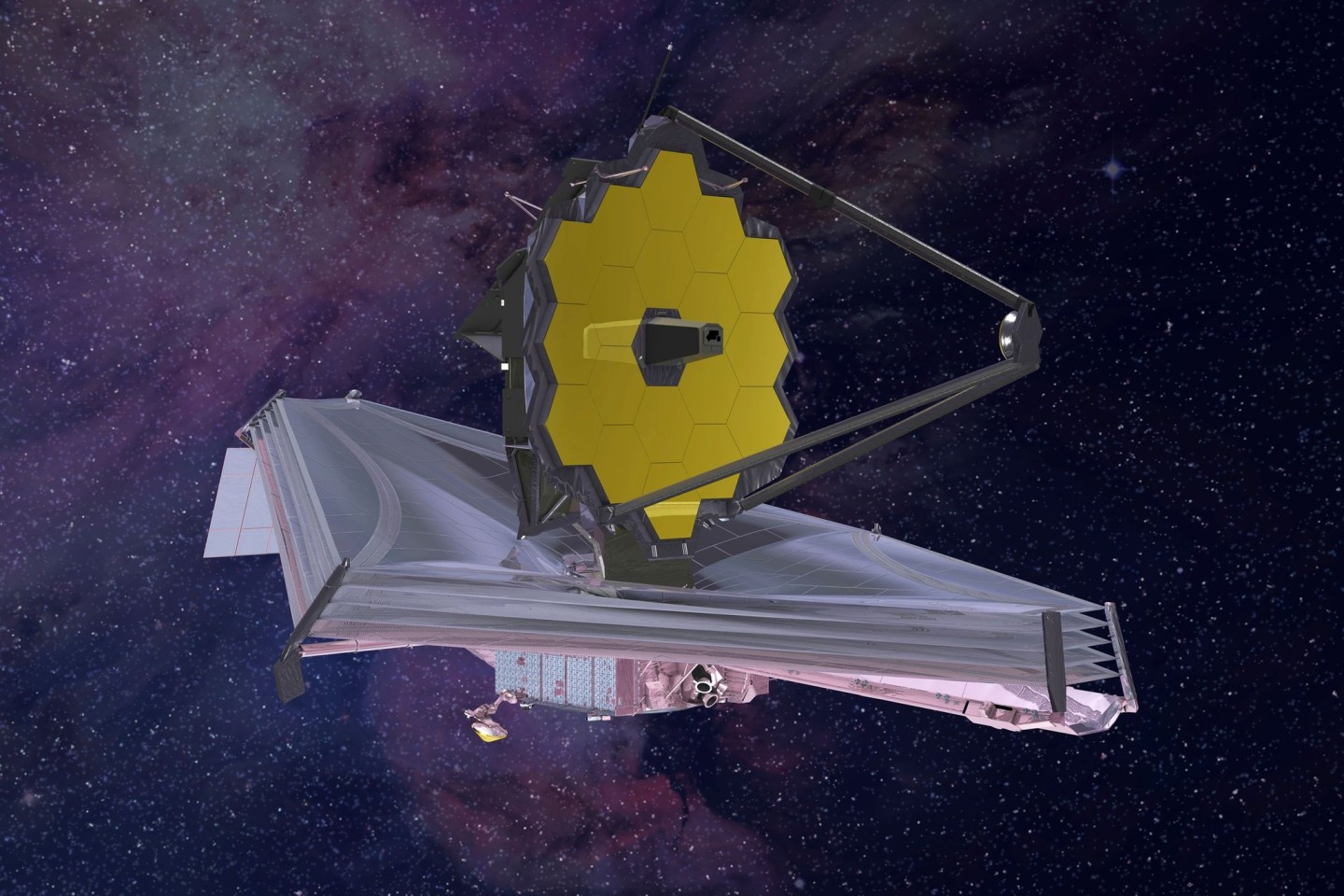 HANDOUT - Die von Northrop Grumman über die Nasa verbreitete Computergrafik aus dem Jahr 2015 zeigt das «James Webb»-Teleskop.