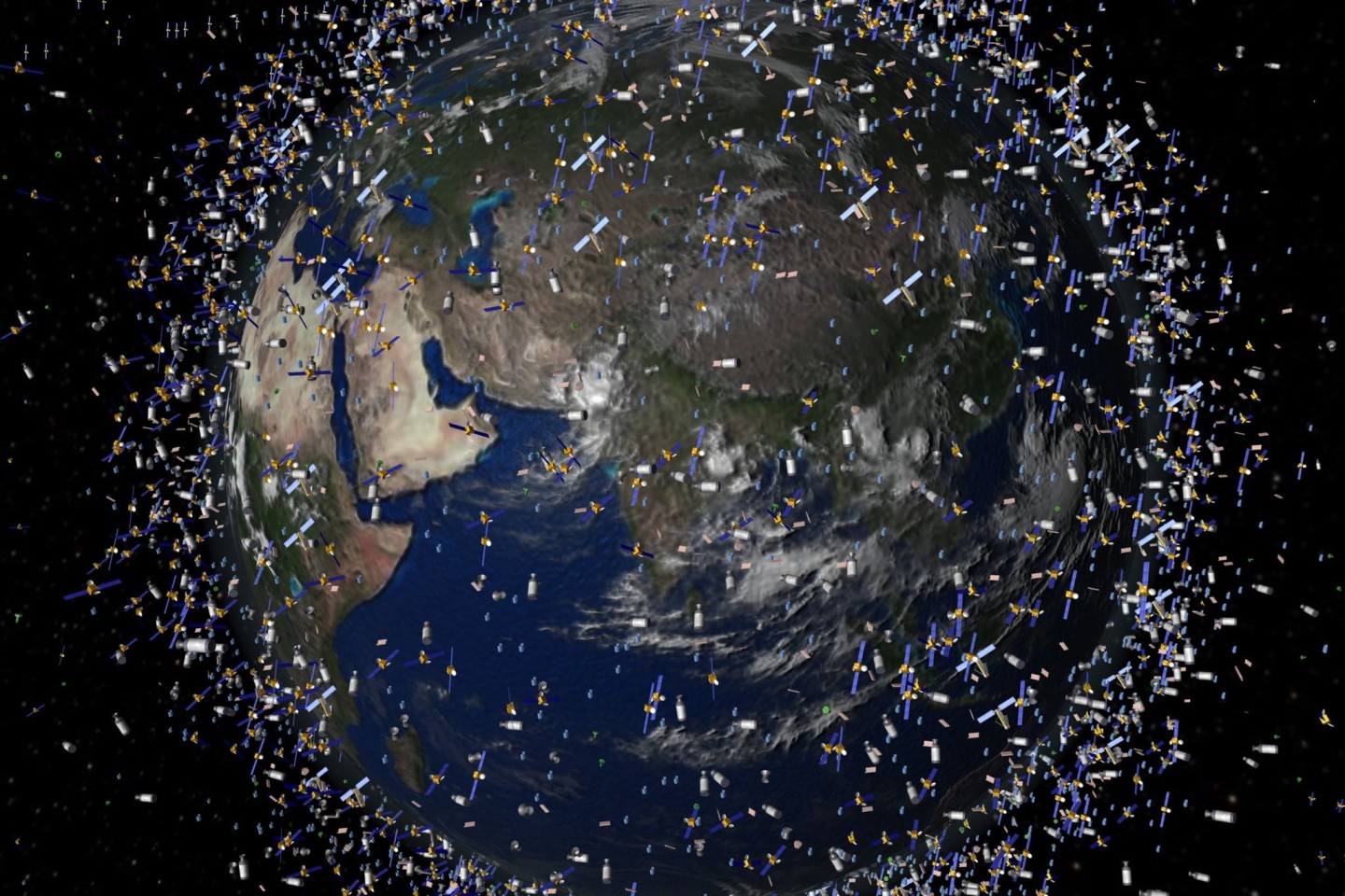 Das computergenerierte Bild zeigt Weltraummüll früherer Weltraummissionen, der neben intakten Satelliten um die Erde kreist.