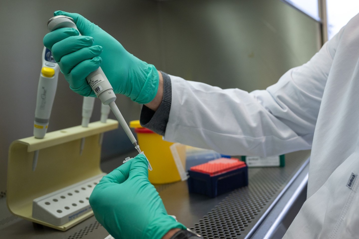 Ein Forscher zeigt im Landesgesundheitsamt Baden-Württemberg, wie ein PCR-Test für die Analyse auf Mutationen des Coronavirus vorbereitet wird.